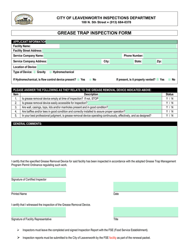 GREASE TRAP INSPECTION FORM screenshot