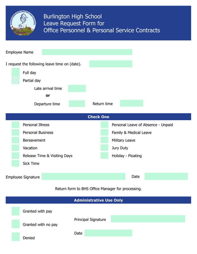 Burlington High School Leave Request Form screenshot