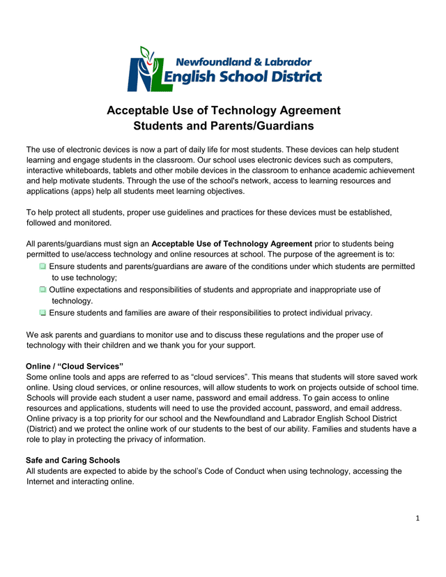 Acceptable Use Of Technology Agreement screenshot