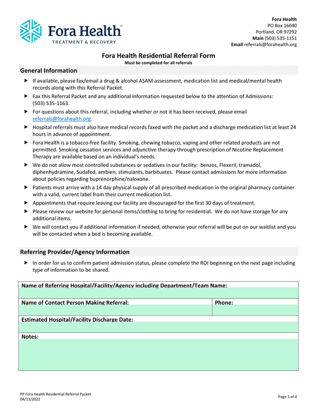 Fora Health Residential Referral Form screenshot