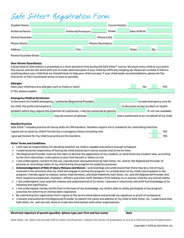 Safe Sitter Registration Form screenshot