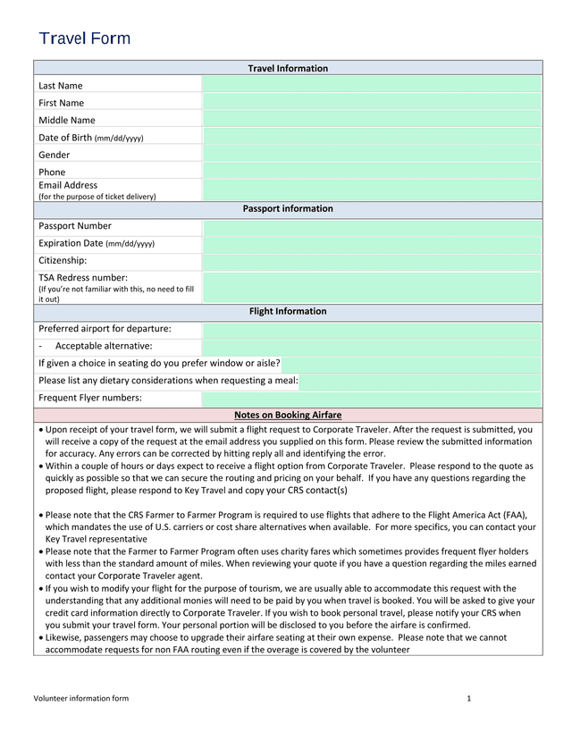 Volunteer Information Form Travel Form screenshot