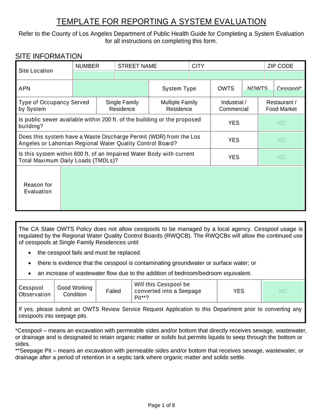 TEMPLATE FOR REPORTING A SYSTEM EVALUATION screenshot