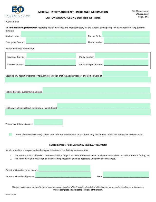 Cottonwood Crossing Summer Institute Health Information Form screenshot