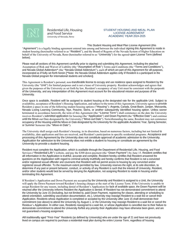 Student Housing And Meal Plan License Agreement screenshot