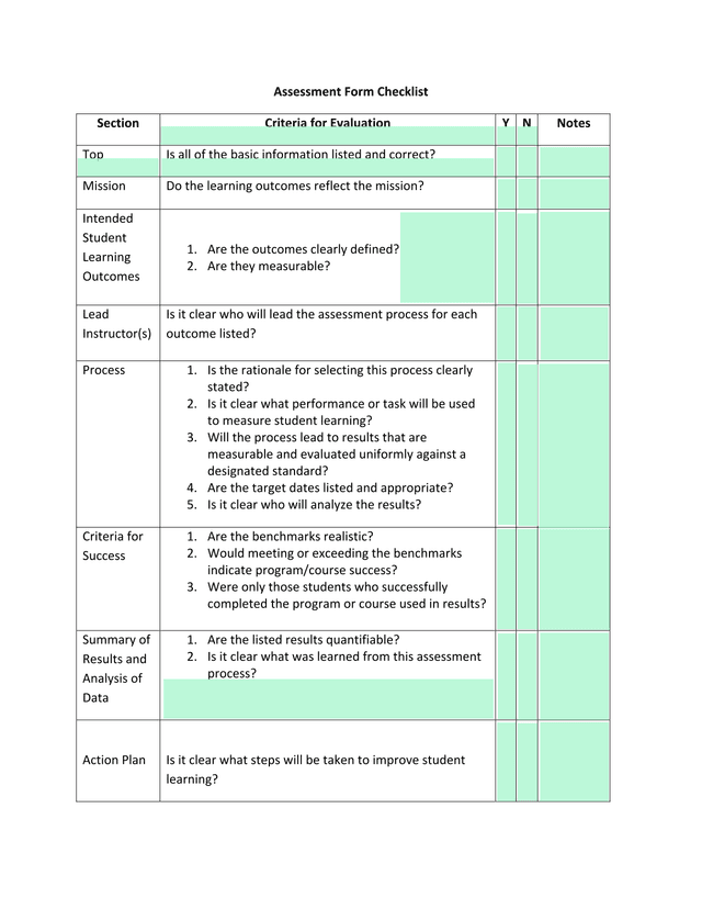 Assessment Form Checklist screenshot