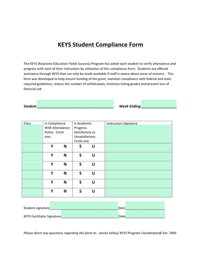 KEYS Student Compliance Form screenshot