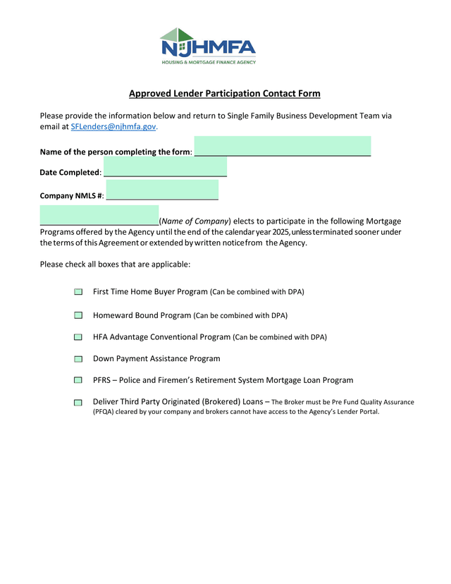 Approved Lender Participation Contact Form screenshot