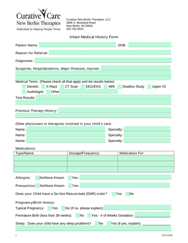 Infant Medical History Form screenshot