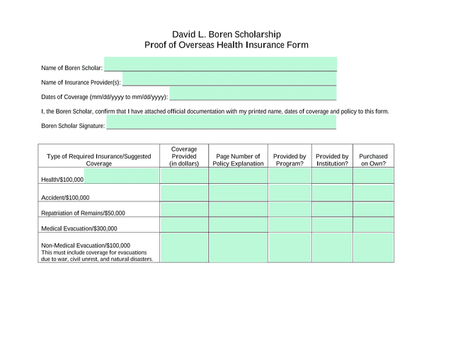 David L. Boren Scholarship Proof Of Overseas Health Insurance Form screenshot