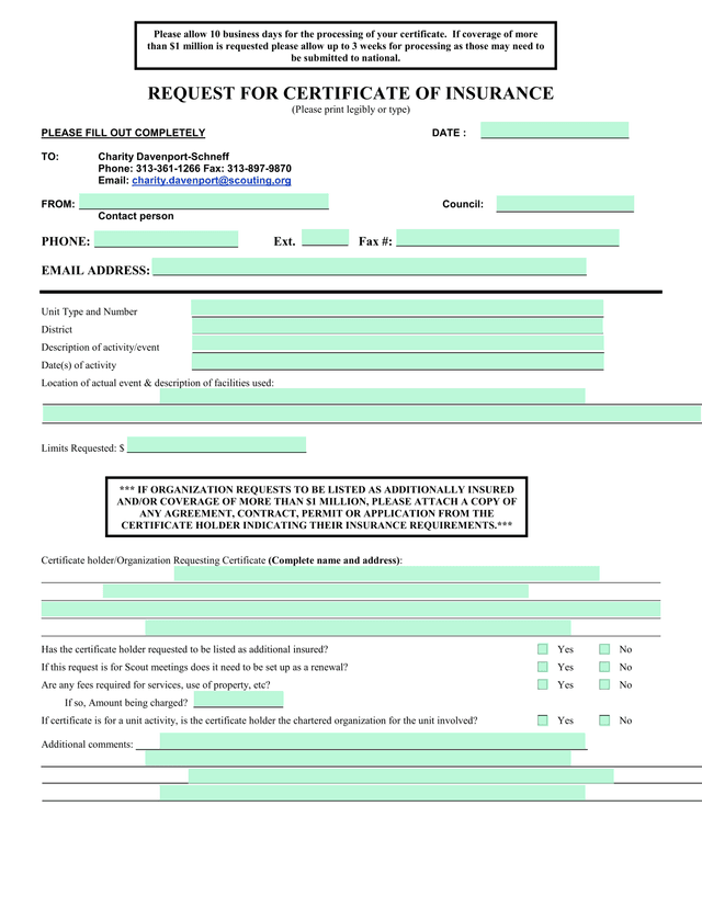 Request For Certificate Of Insurance screenshot