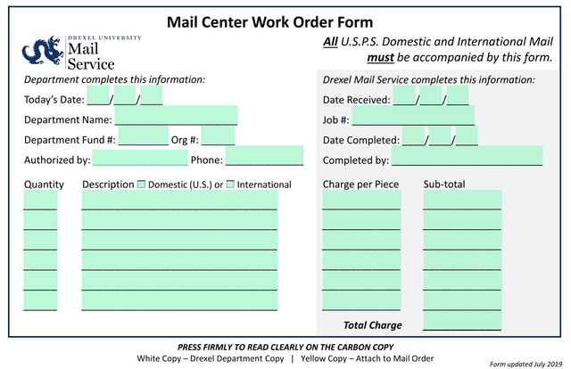 Mail Center Work Order Form screenshot