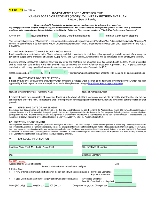 Investment Agreement For The Kansas Board Of Regents (KBOR) Voluntary Retirement Plan screenshot