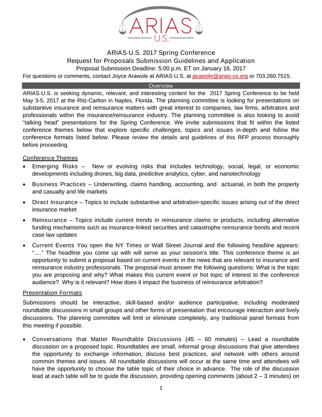 ARIASU.S. 2017 Spring Conference Request For Proposals Submission Guidelines And Application screenshot