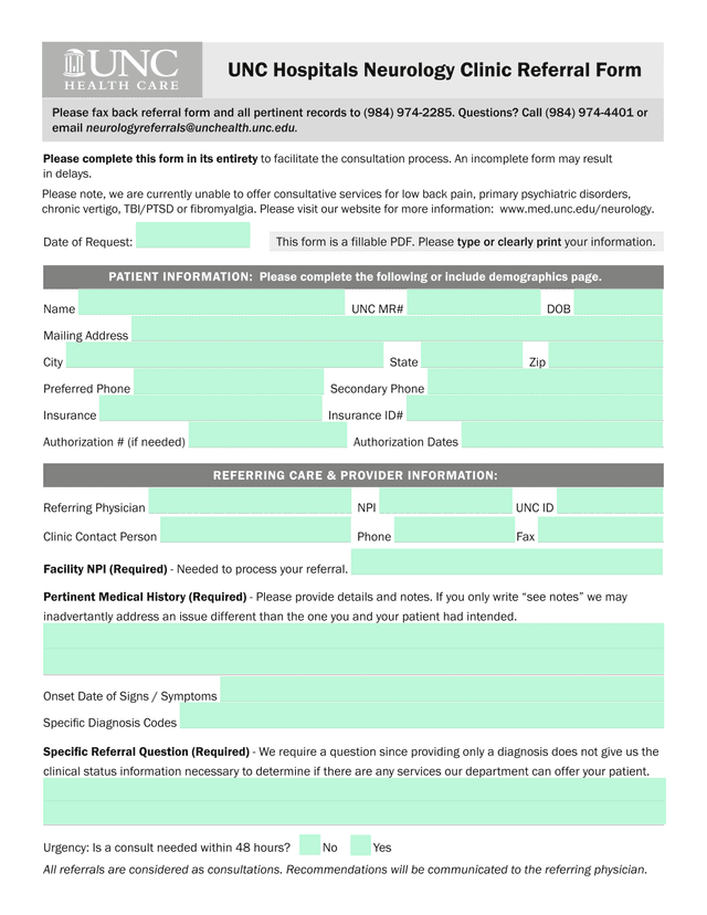 UNC Hospitals Neurology Clinic Referral Form screenshot