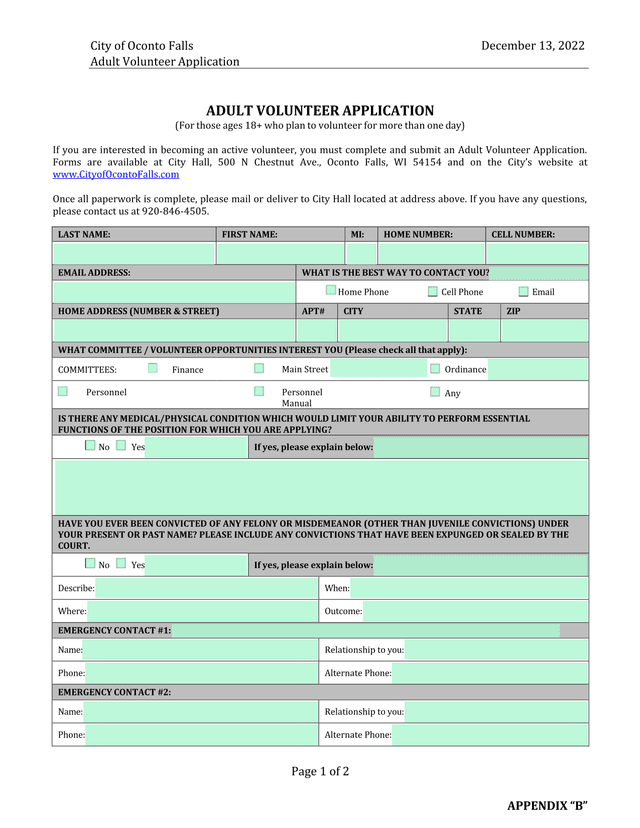 City Of Oconto Falls Adult Volunteer Application screenshot