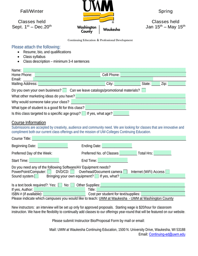 UW Colleges Continuing Education Instructor Proposal Form screenshot