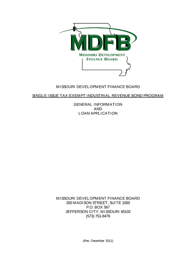 Single Issue Tax Exempt Industrial Revenue Bond Program General Information And Loan Application screenshot