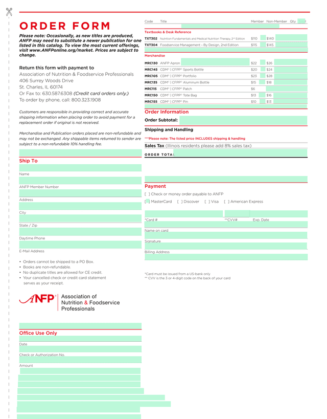 ANFP Order Form screenshot