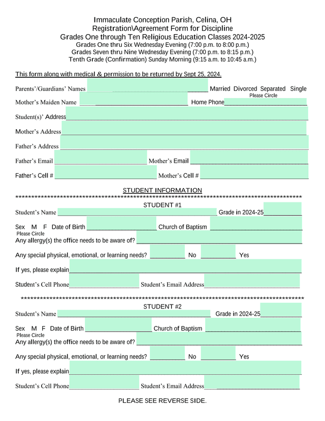 Immaculate Conception Parish Religious Education RegistrationAgreement Form screenshot