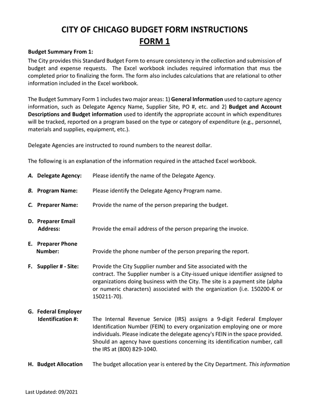 City Of Chicago Budget Form Instructions screenshot