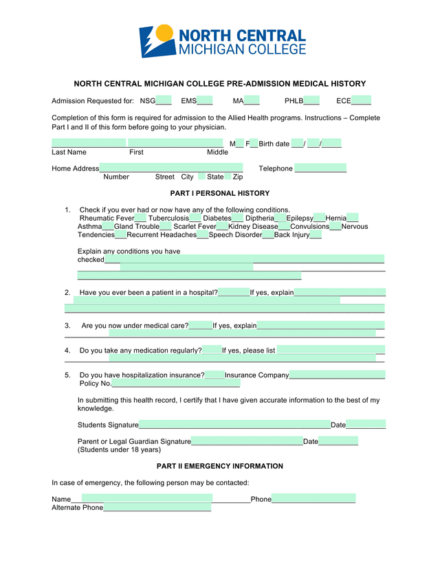 North Central Michigan College Pre Admission Medical History screenshot