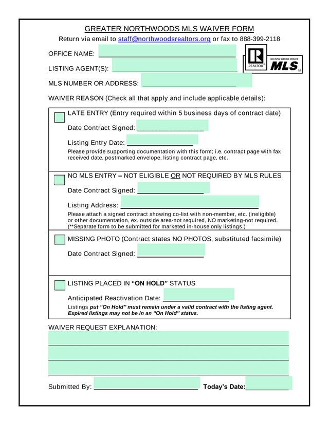 Greater Northwoods MLS Waiver Form screenshot