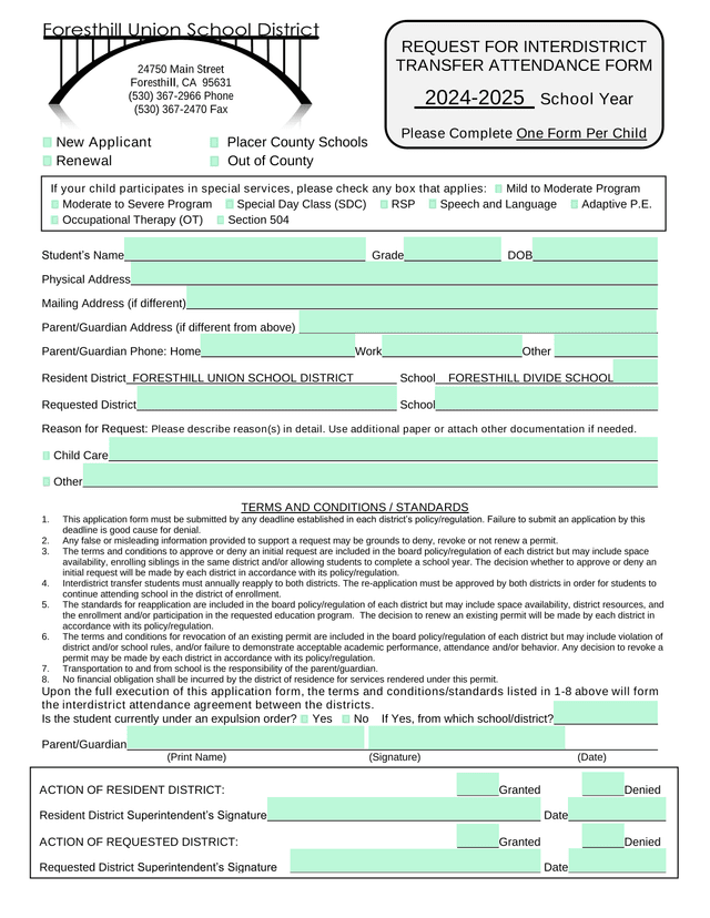 Interdistrict Transfer Request Form screenshot