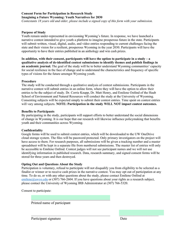 Consent Form For Participation In Research Study Imagining A Future Wyoming Youth Narratives For 203 screenshot