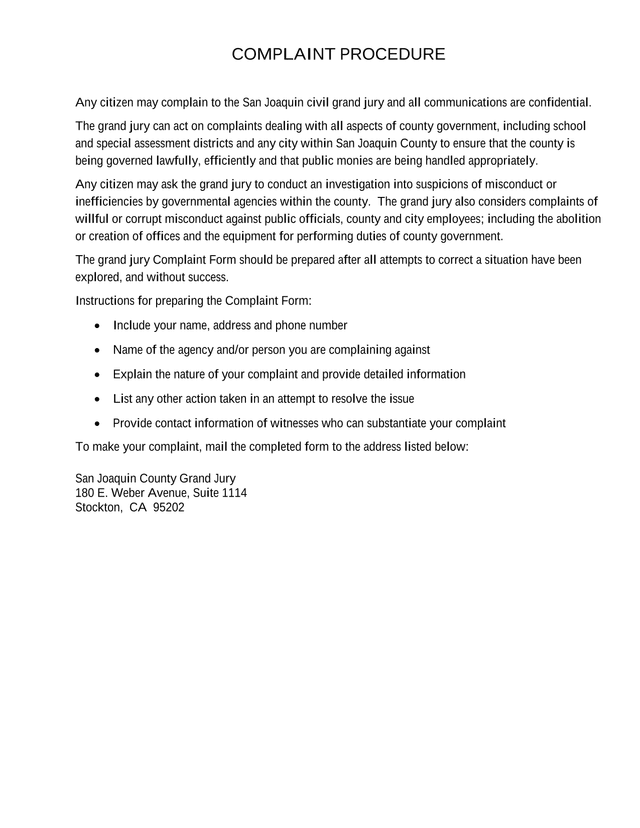San Joaquin County Civil Grand Jury Complaint Form screenshot