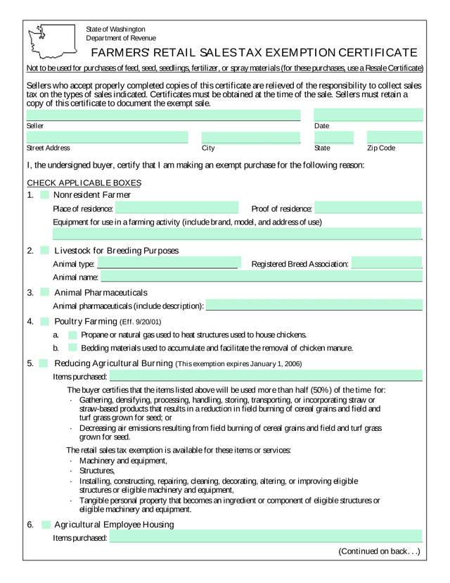Farmers Retail Sales Tax Exemption Certificate screenshot