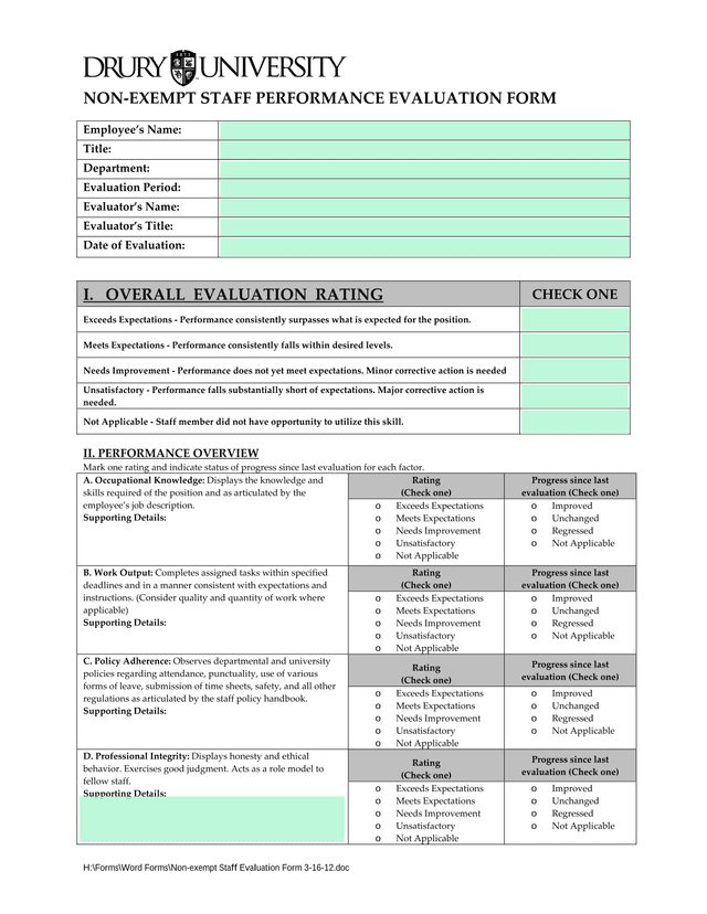 Non Exempt Staff Performance Evaluation Form screenshot