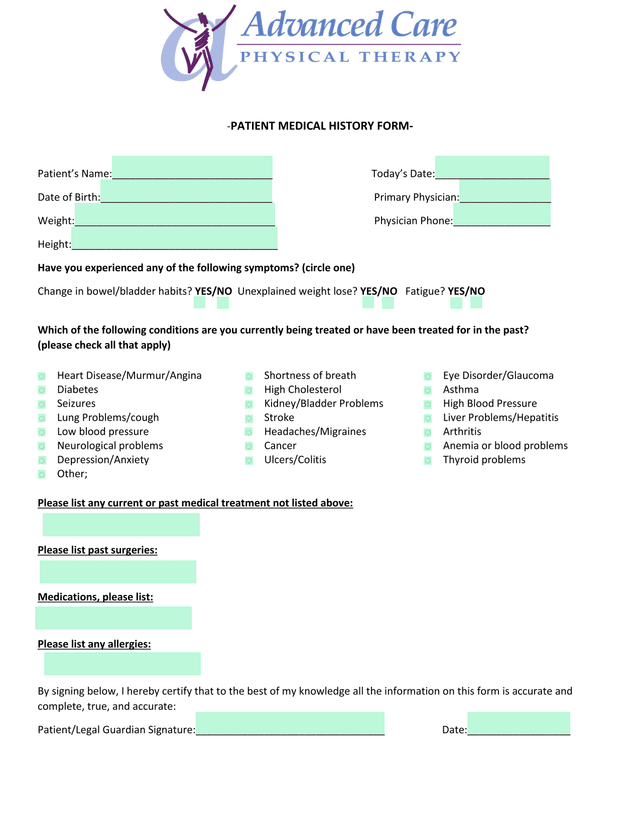 Patient Medical History Form screenshot