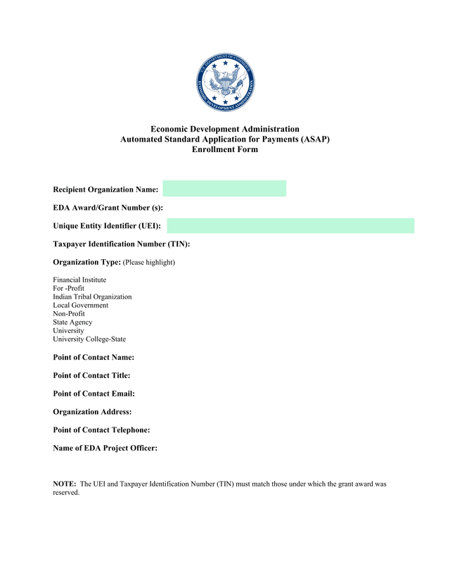 Economic Development Administration Automated Standard Application For Payments (ASAP) Enrollment Fo screenshot