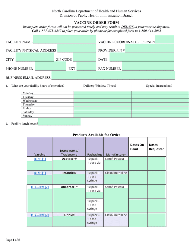 VACCINE ORDER FORM screenshot