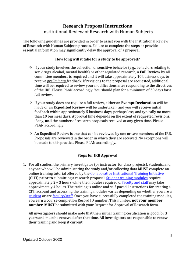 Research Proposal Instructions Institutional Review Of Research With Human Subjects screenshot