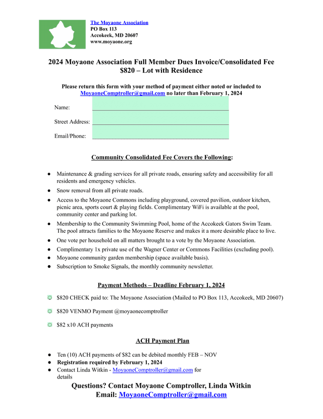2024 Moyaone Association Full Member Dues InvoiceConsolidated Fee screenshot