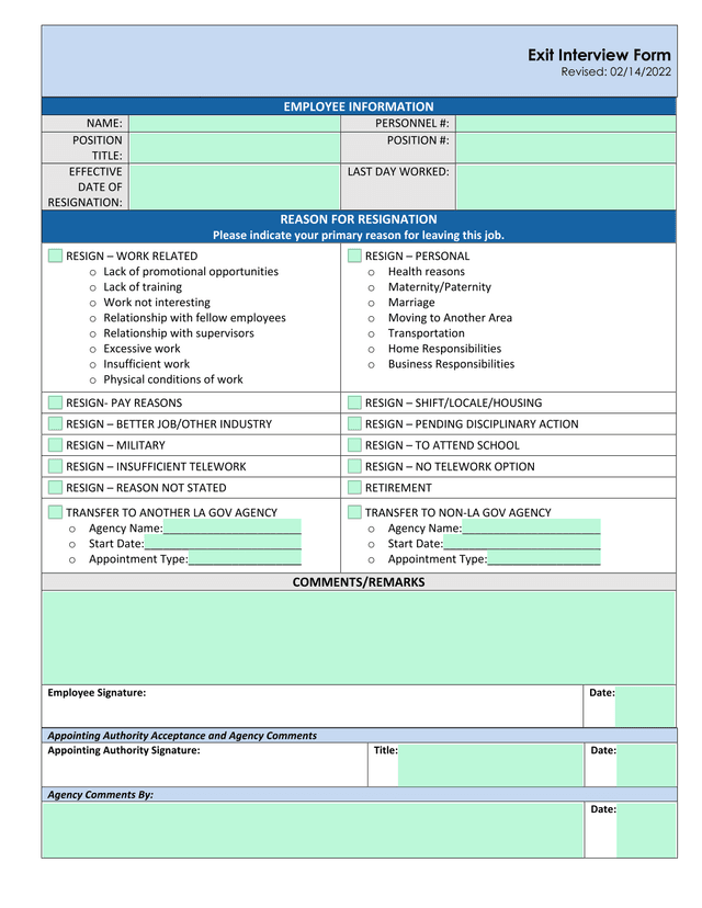 Exit Interview Form screenshot