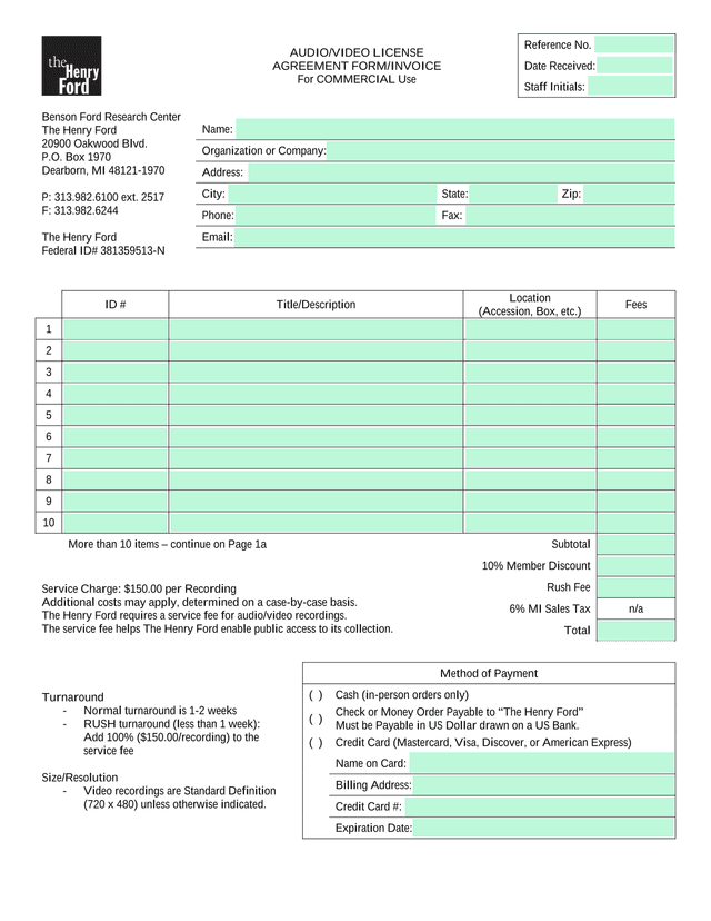 AudioVideo License Agreement FormInvoice For Commercial Use screenshot