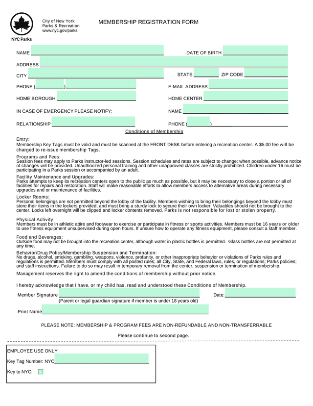 City Of New York Parks  Recreation Membership Registration Form screenshot