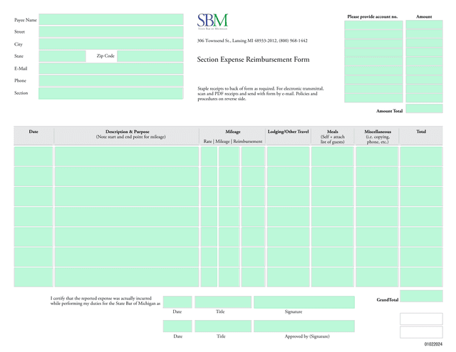 Section Expense Reimbursement Form screenshot