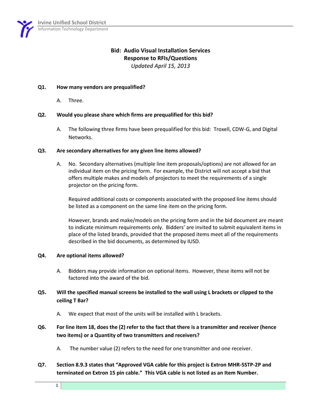 Bid Audio Visual Installation Services   Response To RFIsQuestions screenshot