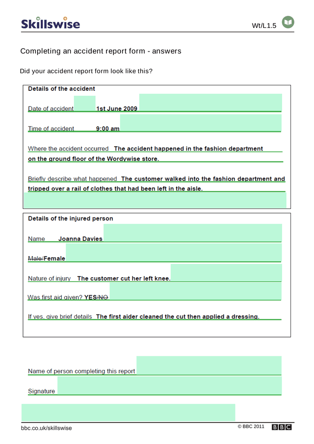 Completing An Accident Report Form   Answers screenshot