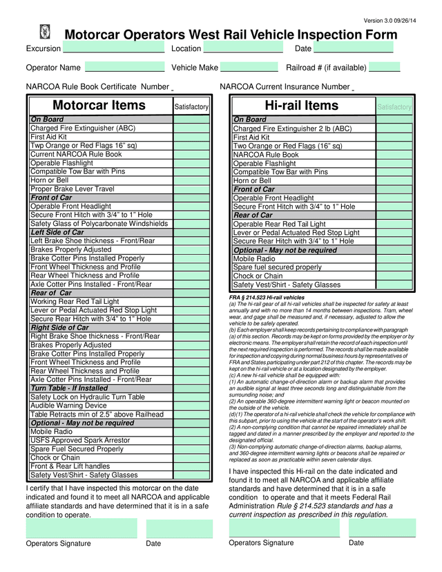 Motorcar Operators West Rail Vehicle Inspection Form screenshot