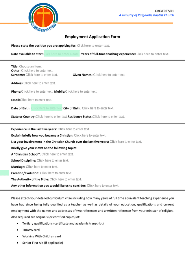 Employment Application Form screenshot