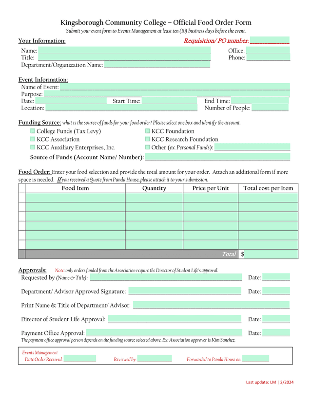 Kingsborough Community College  Official Food Order Form screenshot