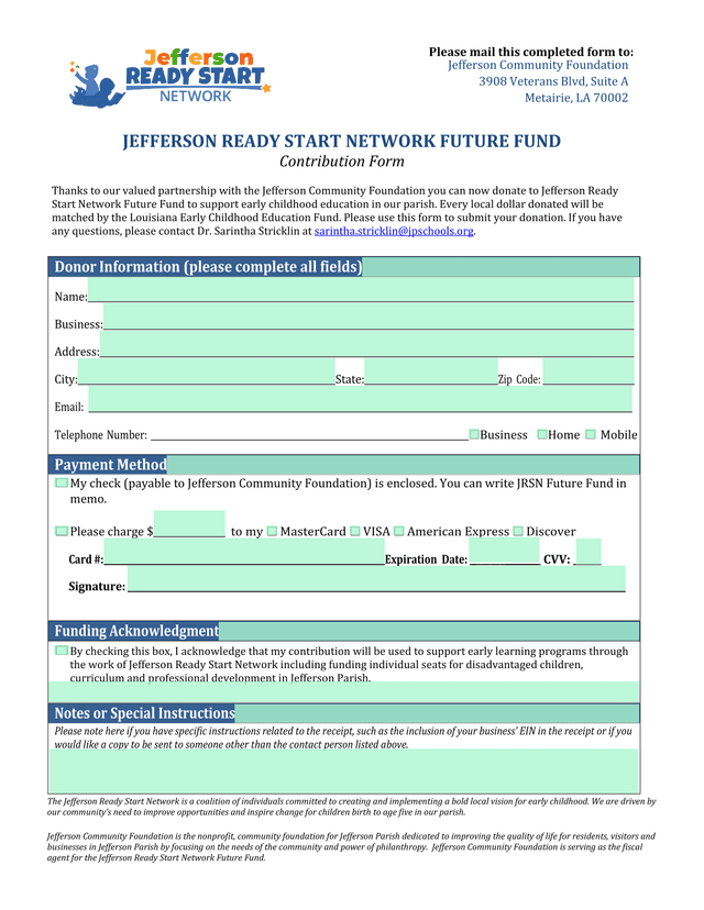 JEFFERSON READY START NETWORK FUTURE FUND Contribution Form screenshot