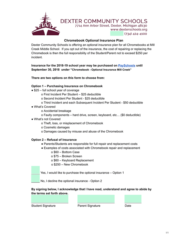 Chromebook Optional Insurance Plan screenshot