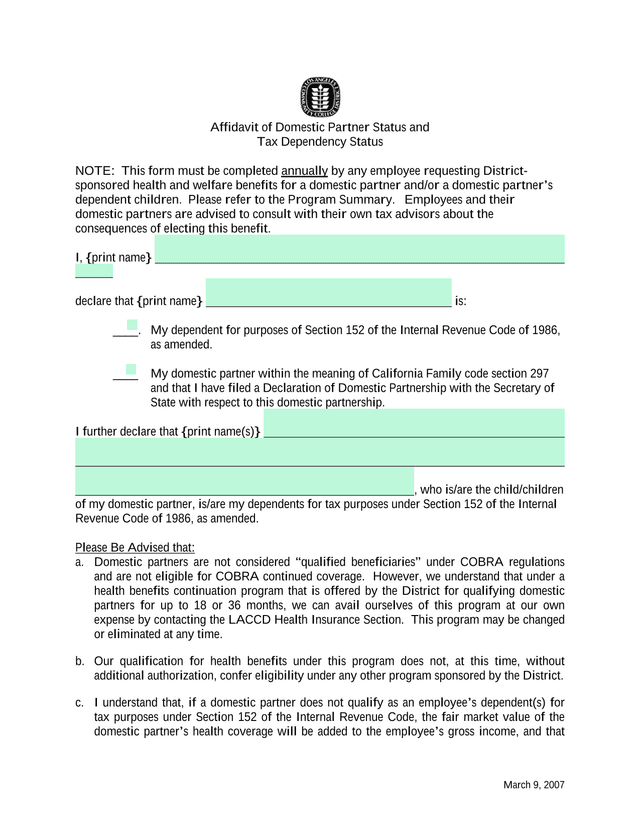 Affidavit Of Domestic Partner Status And Tax Dependency Status screenshot