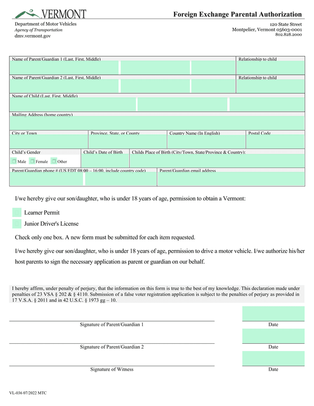 Foreign Exchange Parental Authorization screenshot
